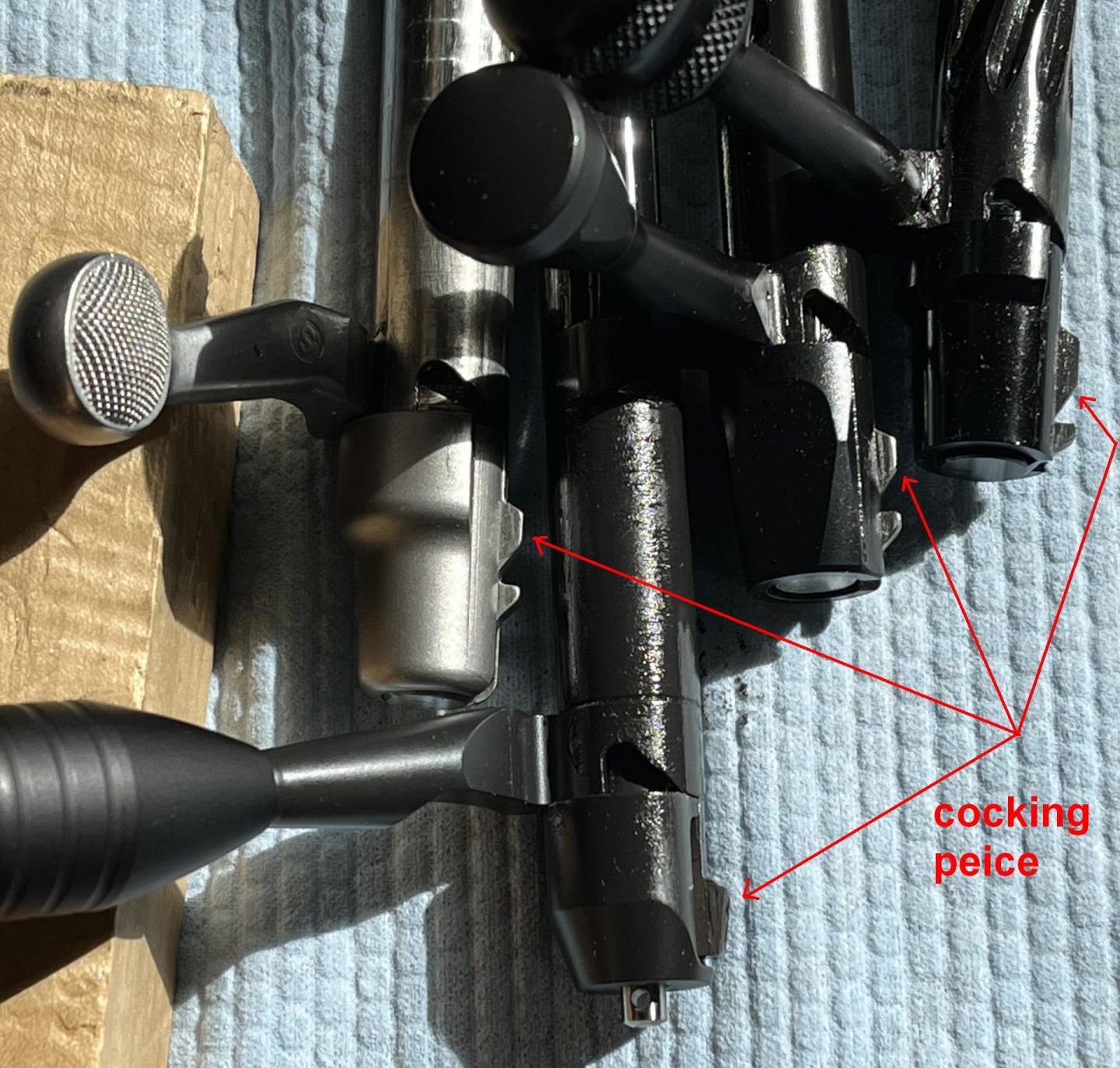 Cocking piece geometry varies a surprising amount between Remington 700 “clones” Left to right are shown: Remington 700 5R, Vudoo V-22 Gen2, PurePrecision Crux, Kelbly Atlas Tactical