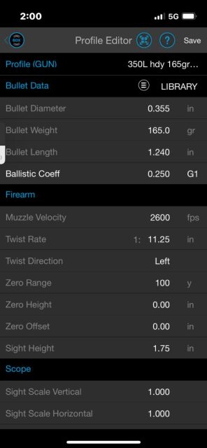 Half way though creating a profile for Hornady 165gr custom 350L ammo with the Applied Ballistics Elite Profile Creation Screen in the Sig BDX app