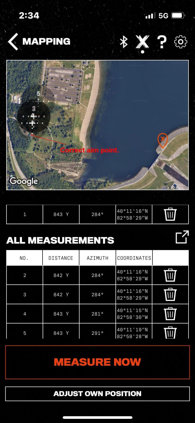 Vector X in-application mapping / tracking page showing a typical spread of readings for the same target location