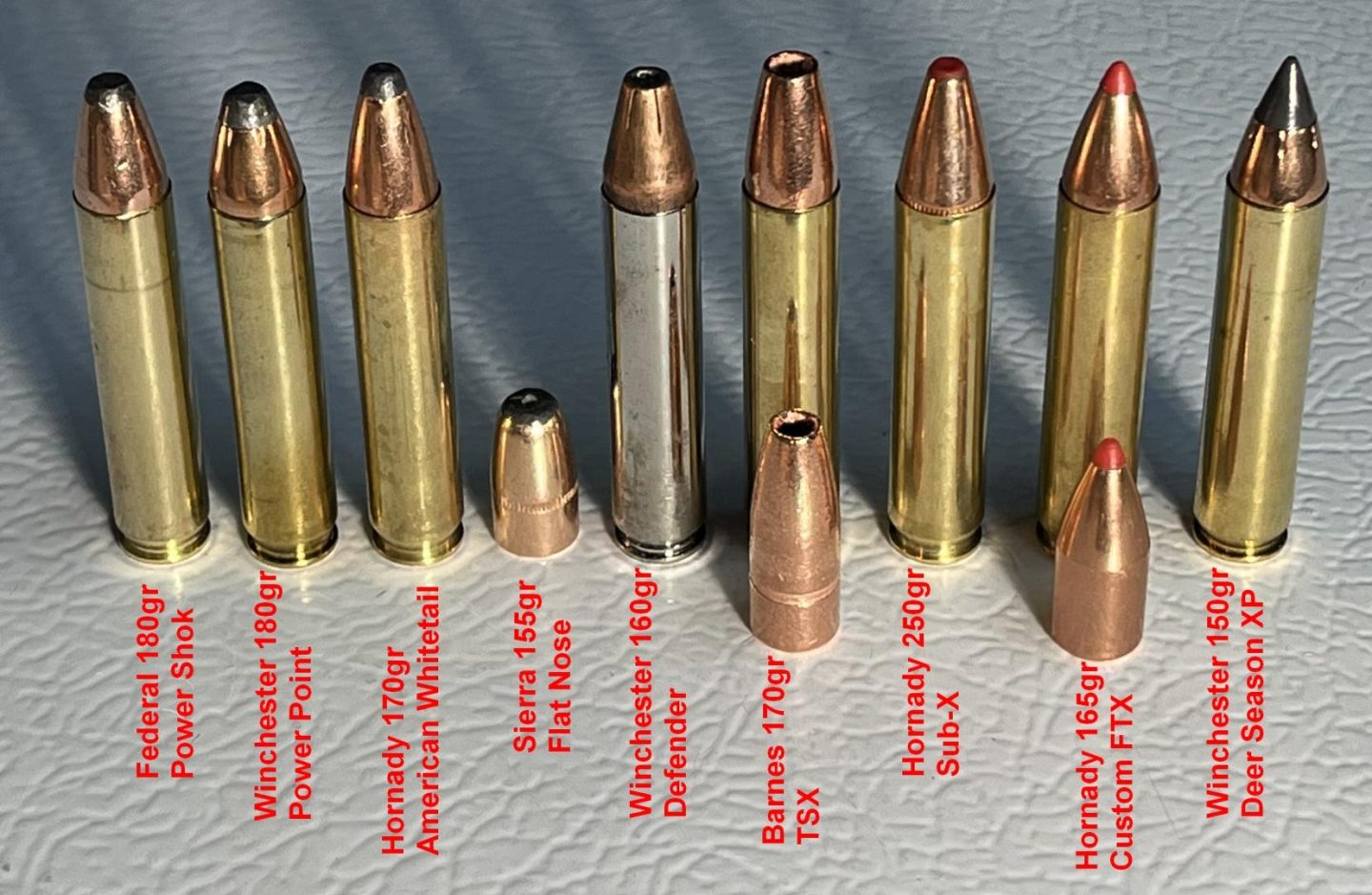 All eight factory ammunition offerings that were fully tested in the Proof barreled PurePrecision 350 Legend rifle as well as the bullets that were handloaded.