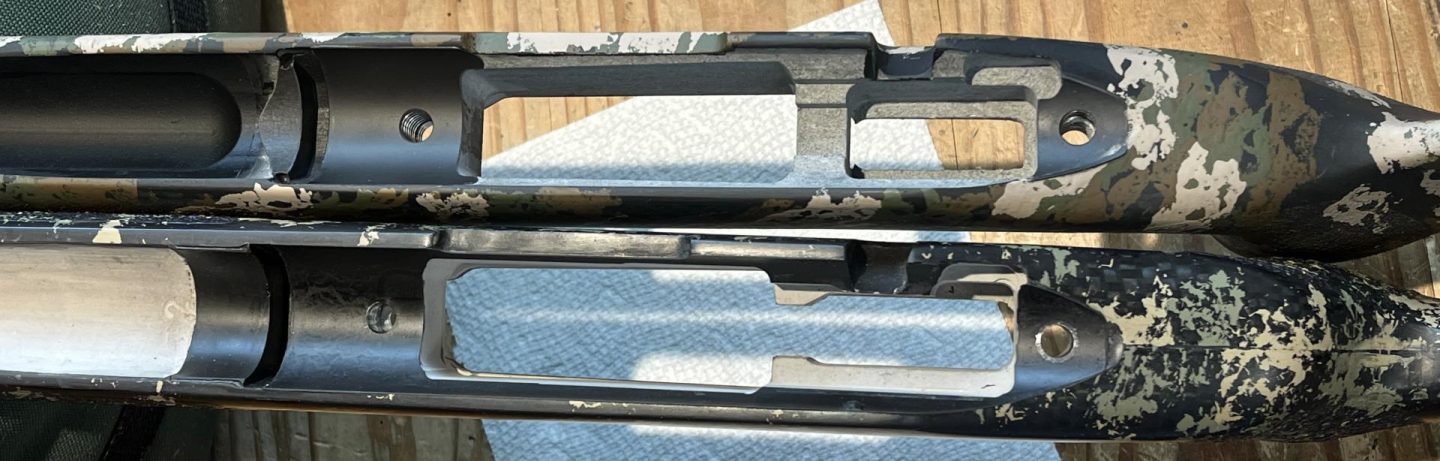 Two Point Bedding on the PurePrecision Adjustable Altitude Stock (top) vs. Full Length Bedding on the McMillan Game Warden (bottom)