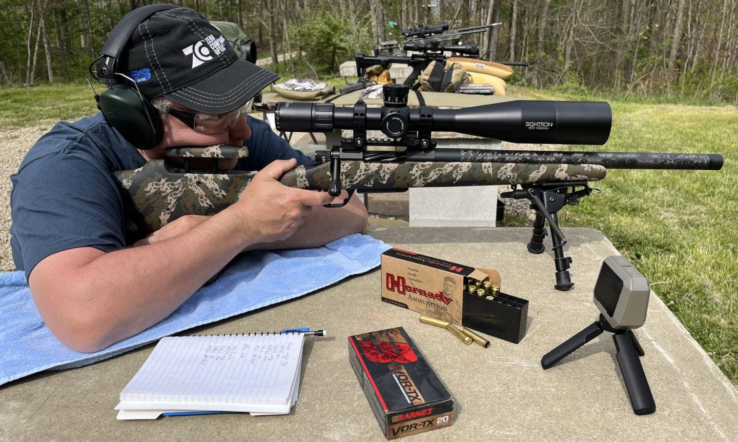 The first day of testing with the SKLTN action Proof Carbon barrel 350 legend topped with a Sightron S6 5-30x56 scope in Hawkins ultralight rings.