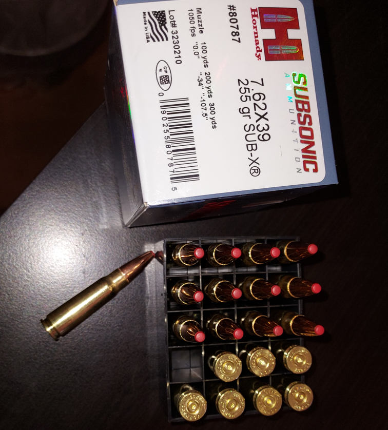 20 Round Box - 7.62x39 Hornady 255 Grain SUB-X Subsonic Ammo - 80787