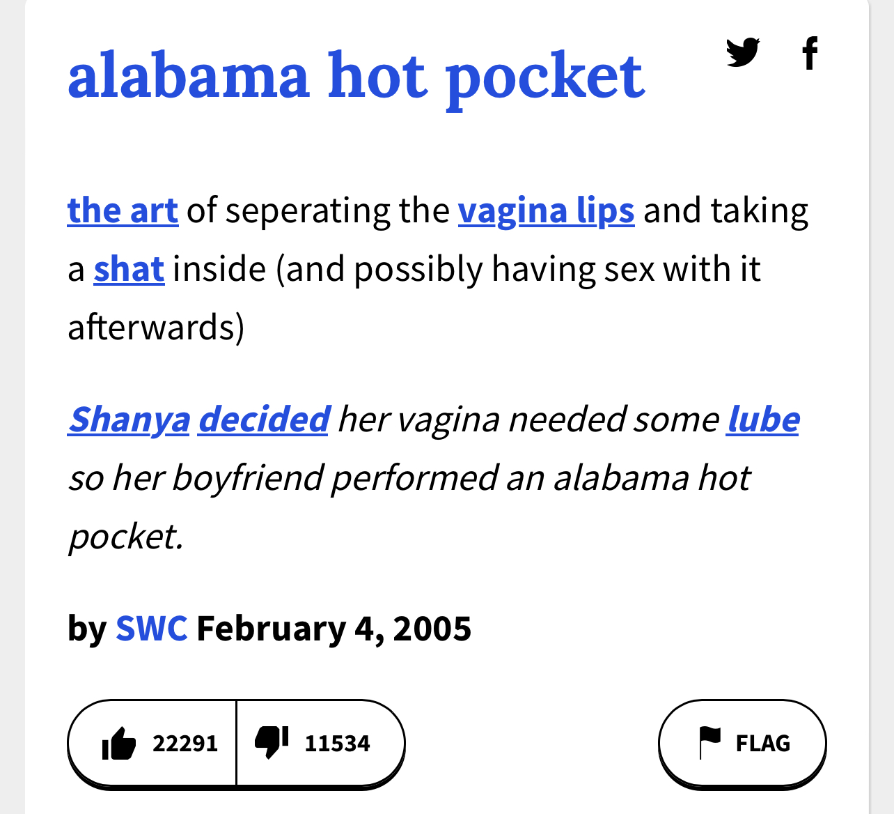 Urban Dictionary on X: @SmithersSAFC alabama hot pocket: the art of  seperating the vagina   /  X